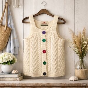 Carraig Donn Ireland Baby Girl Button Up Dress Size L Merino Wool Cable Knit